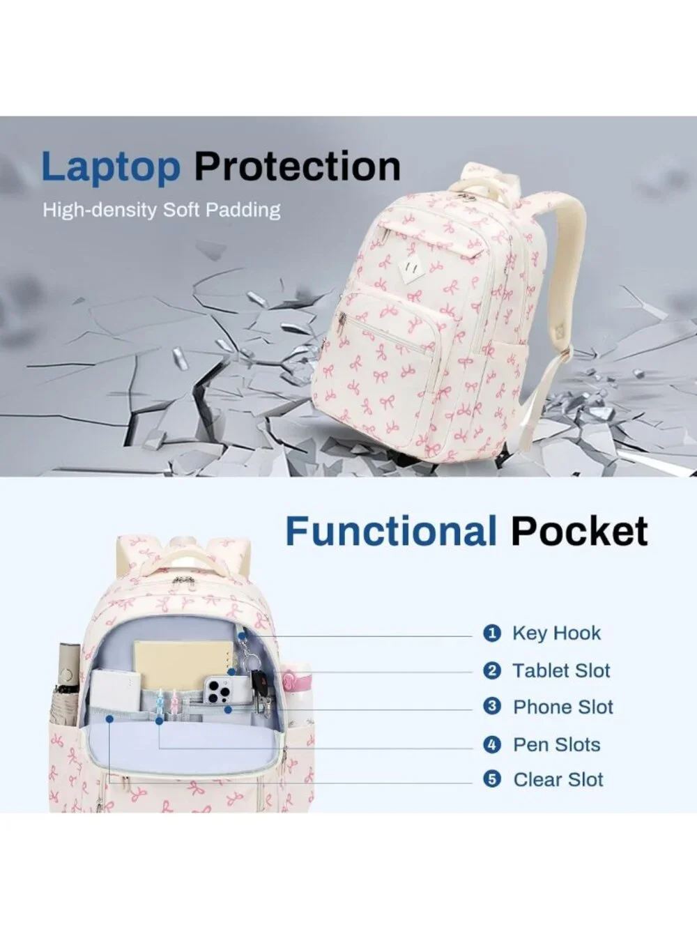 Lightweight Girls Backpack, Multi-Pocket College Bookbag, Travel Backpack, Beige